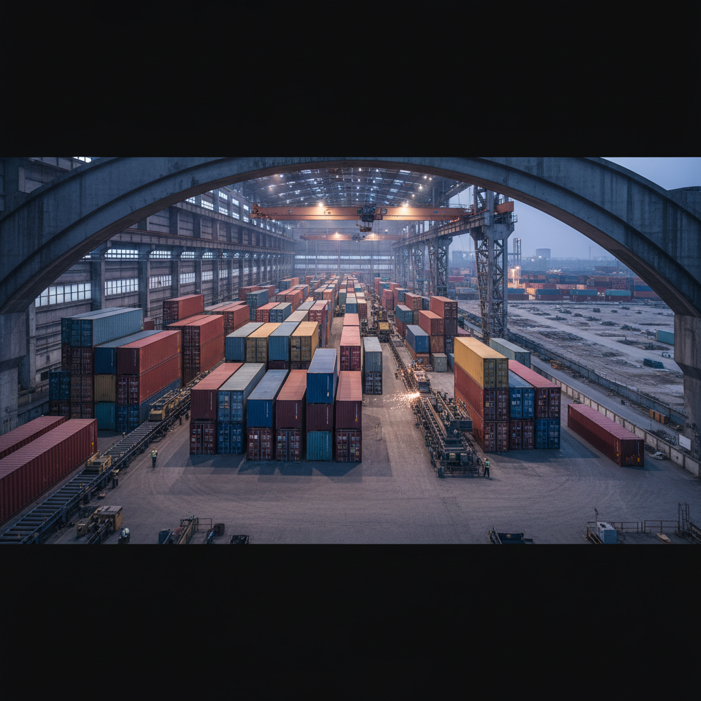 Several large shipping containers stacked in a port with a modern factory building in the background, symbolizing global trade and manufacturing shifts.