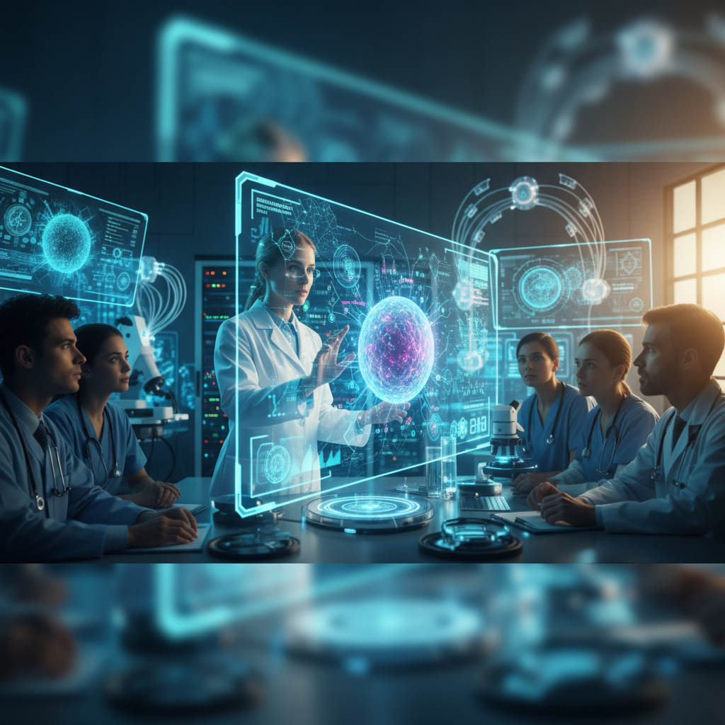 Close-up of a doctor interacting with a holographic display showing medical data and an AI interface, with abstract medical imagery in the background, symbolizing advanced AI in healthcare.
