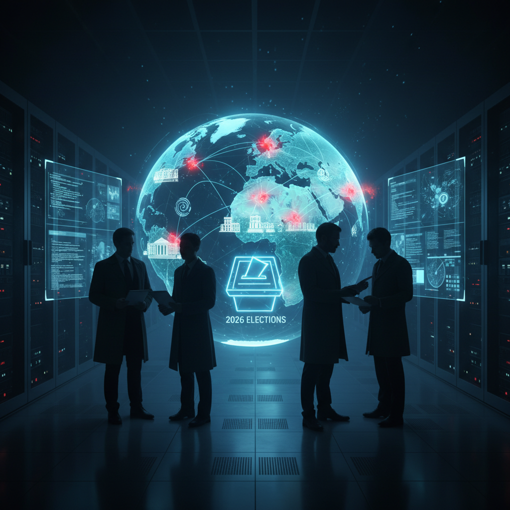 Abstract digital network with glowing lines connecting global points, symbolizing a cyber arms race and interconnected threats, with a subtle overlay of a world map and binary code.