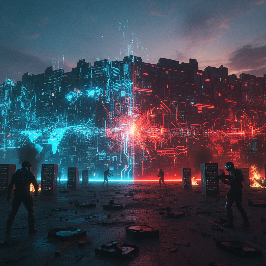 Digital map of the world overlaid with glowing data lines, symbolizing global cyberwarfare and connectivity breaking apart, with an iron curtain visual element.