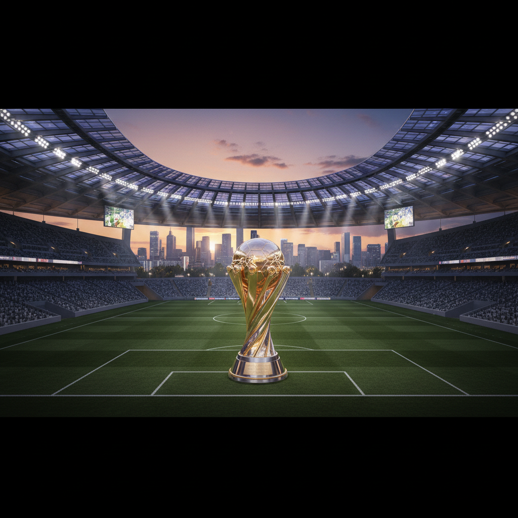 A football stadium filled with cheering fans under bright lights, with a shimmering trophy visible on a pitch, symbolizing global club competition.