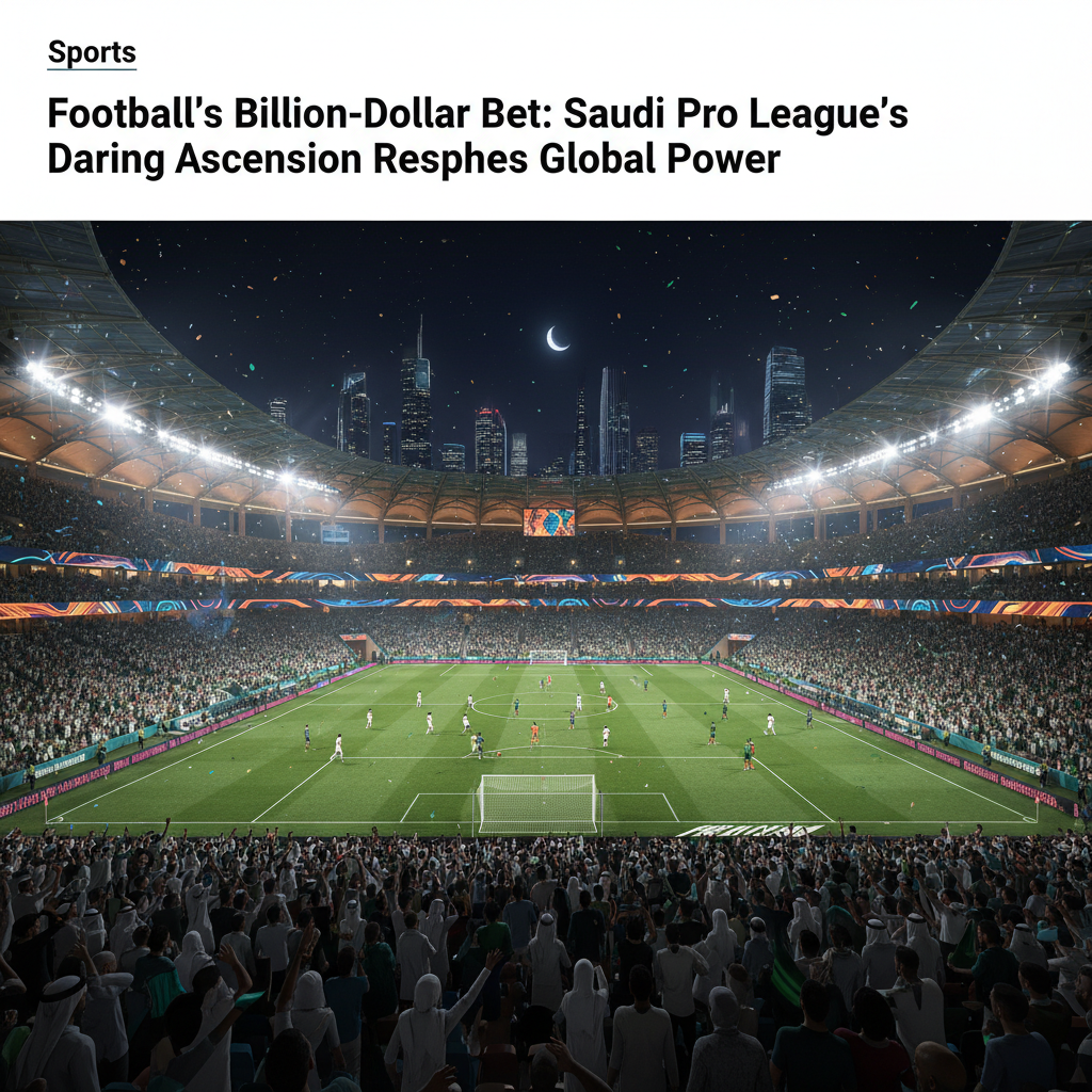 A football stadium at night, brightly lit, with a packed crowd and the Saudi Pro League logo visible on a large screen, symbolizing the league's growing prominence.