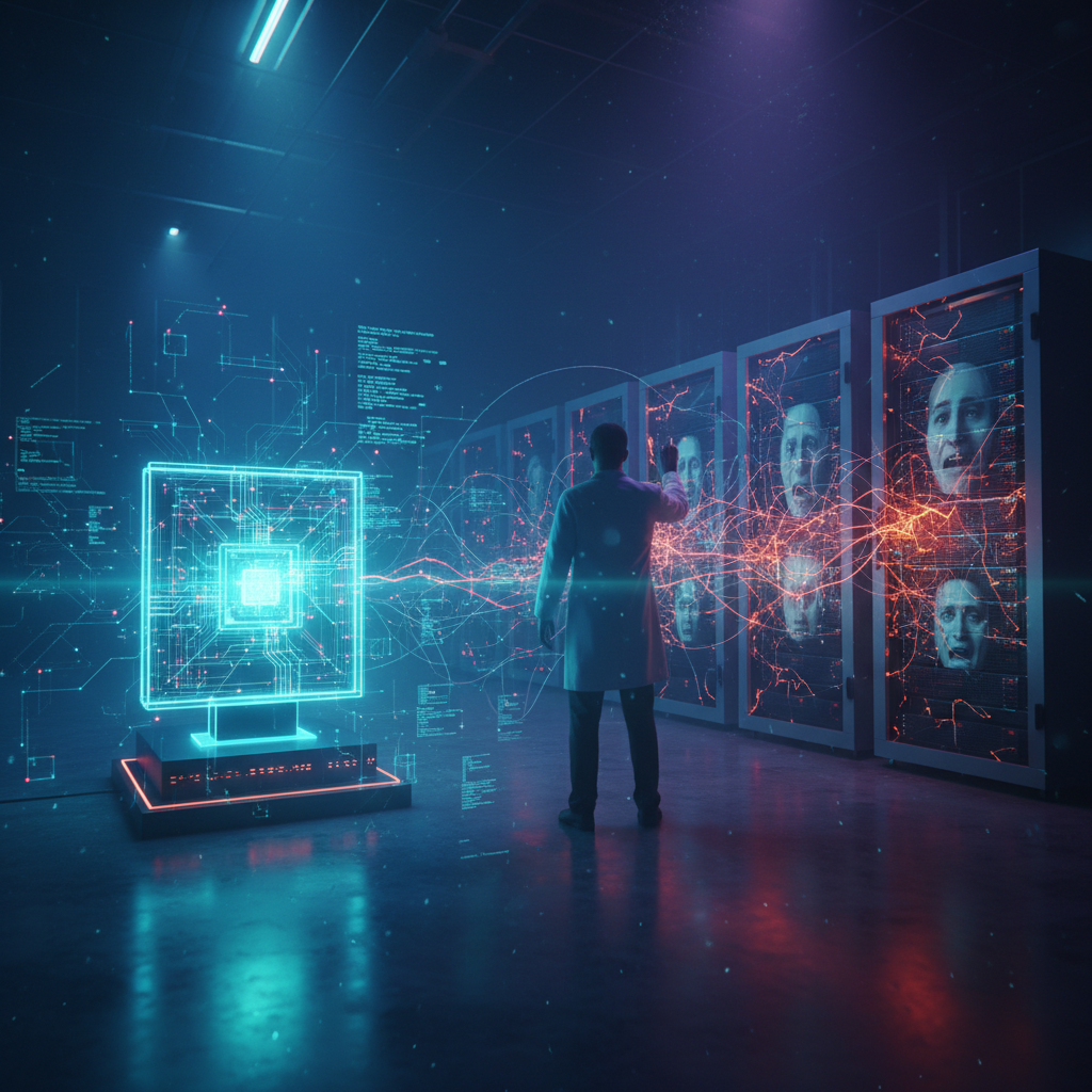 Abstract depiction of qubits interacting, representing quantum computing and artificial intelligence convergence