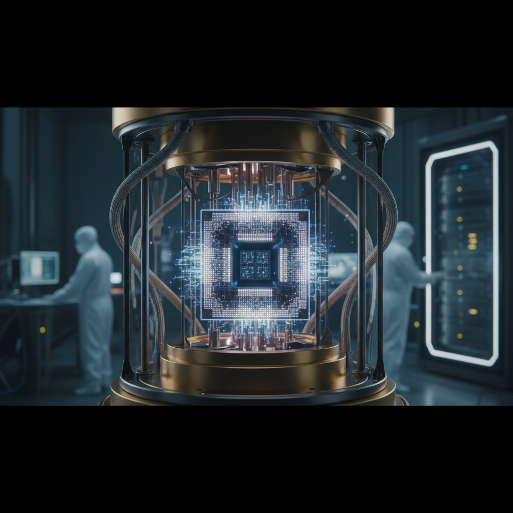 Close-up of a quantum processor or circuit board with glowing blue light, depicting advanced technology and future computing.
