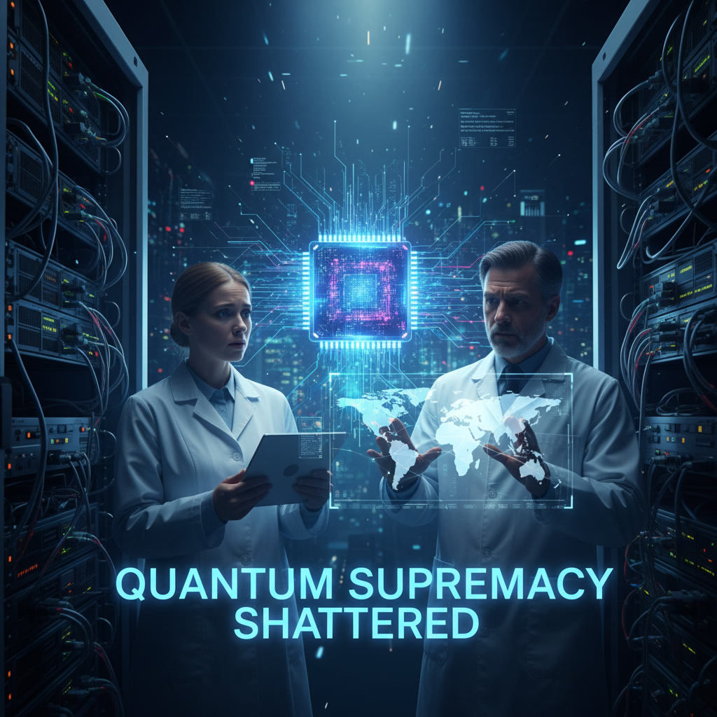 Abstract representation of interconnected qubits, glowing pathways, symbolizing quantum computing and advanced AI. Futuristic, intricate, blue and purple tones.