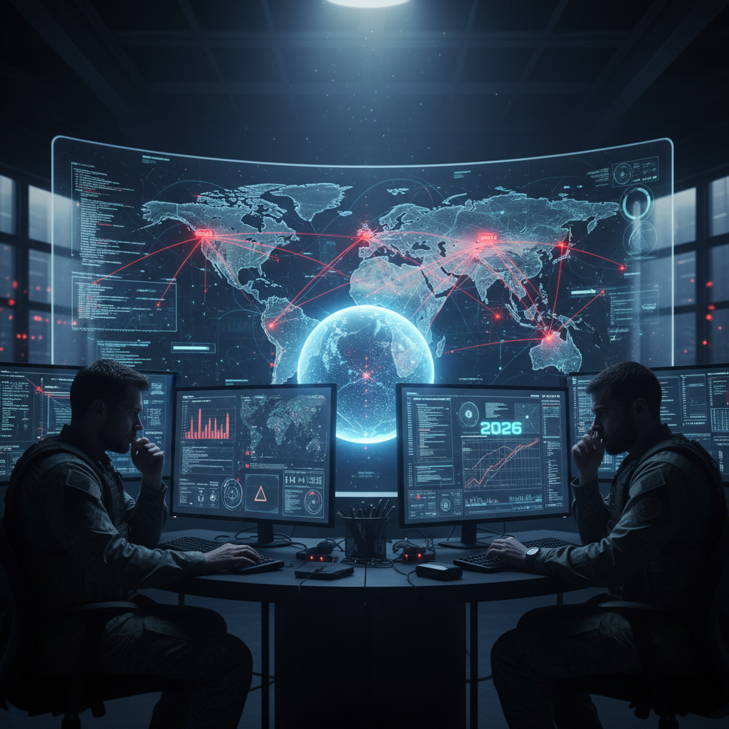Abstract digital warfare scene with code, global map, and network lines, symbolizing the cyber arms race and geopolitical tension.