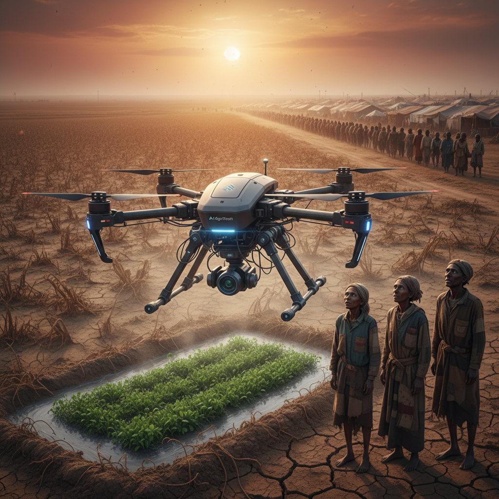 A drone surveying a struggling agricultural field, with extreme weather in the background and a split foreground showing an AI-powered vertical farm.